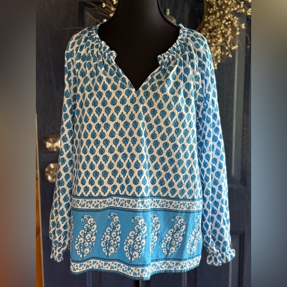 J. Crew Blue and White Patterned Blouse Size Small